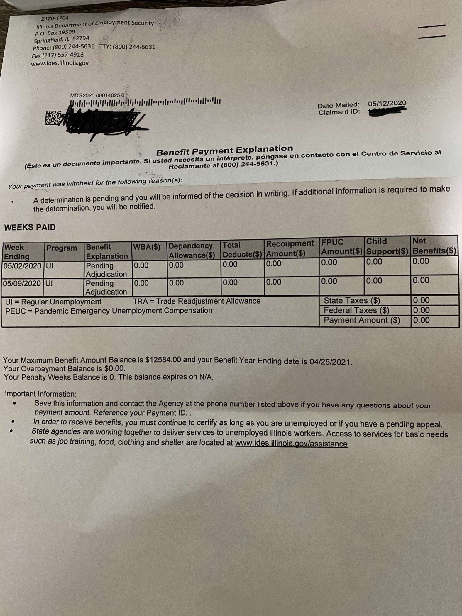 [Illinois] Benefit Payment Explanation Letter, what does this mean ...