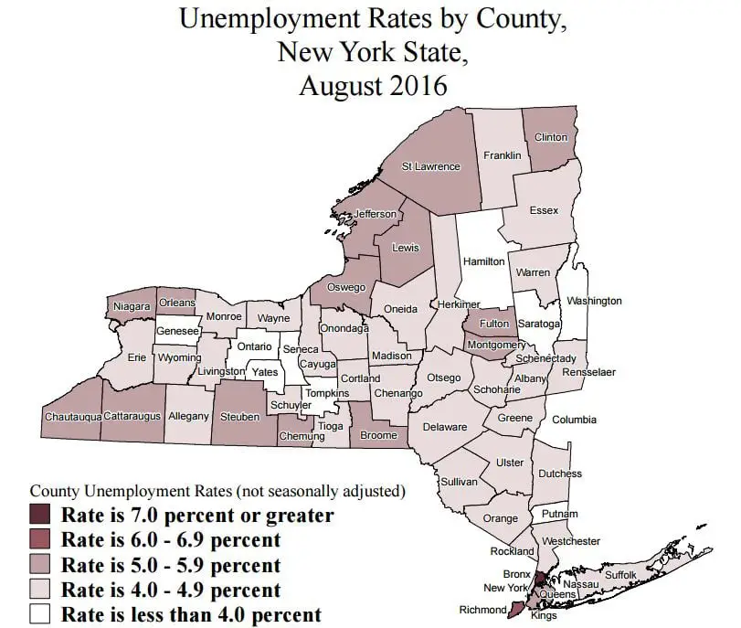 New York county unemployment rates for August 2016, ranked