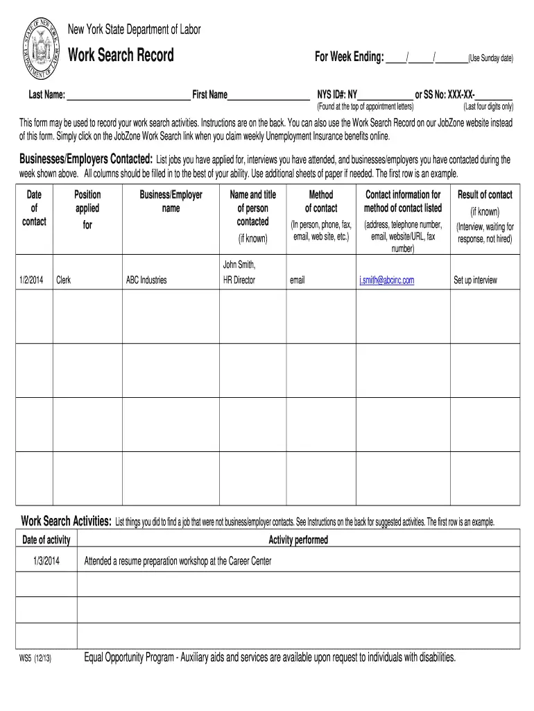 Ny Unemployment Work Search Record Form