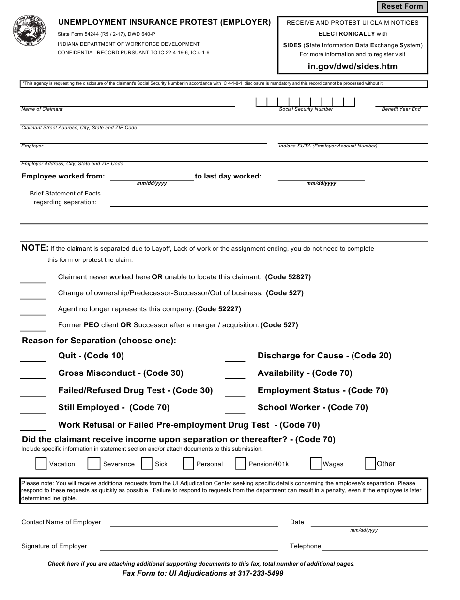 State Form 54244 Download Fillable PDF or Fill Online Unemployment ...